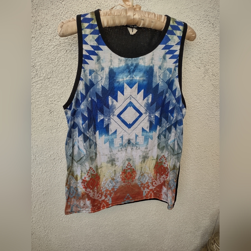 Kayden K Tank Top Casual Summer Beach Tribal Artist Urban Blue White Medium